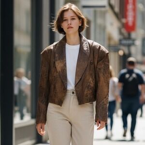 Vintage JC Penny Leather Jacket 80s Distressed Brown Cropped Padded Shoulder M